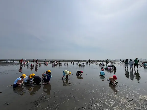 潮干狩りをする児童