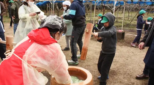 杵と臼でもちつきをする児童